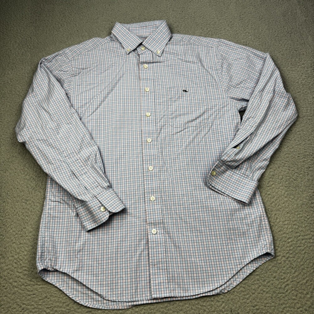 VINEYARD VINES Shirt Mens Medium Blue Pink Check Classic Fit Tucker Preppy